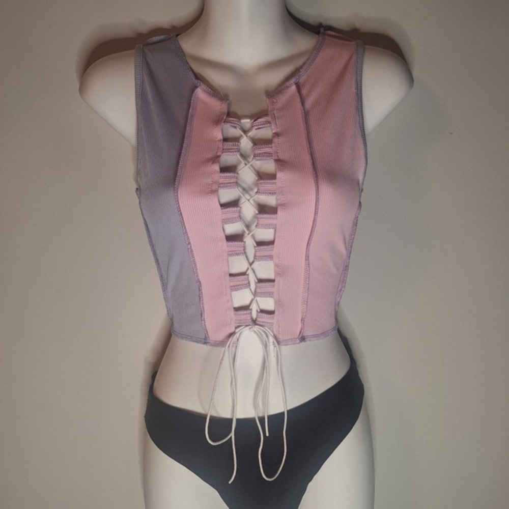 Ribbed Lace Up Sleeveless Lavender Pink Colorblock Tank Crop Top Size XS‎